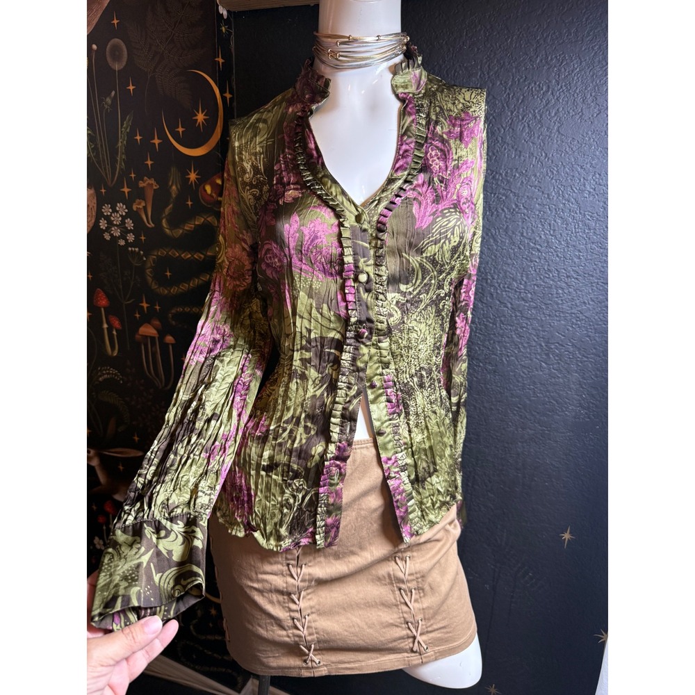 Agora Crinkle Pleat Floral Paisley Ruffle Blouse Olive Magenta Large